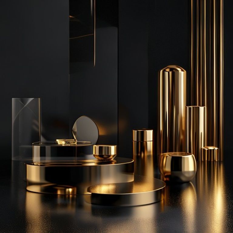 고급스러운 금색 질감의 추상적인 3D 유리 구체들과 금 블록들이 어우러진 미니멀한 금융 일러스트레이션.