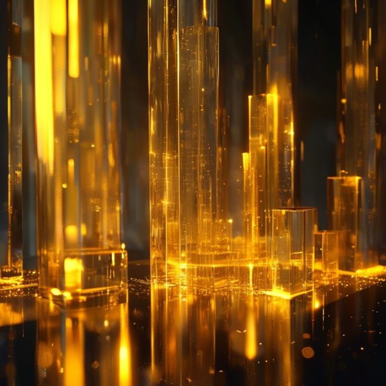 어두운 배경에 대비되는 매끄러운 금 막대들과 데이터 차트를 형상화한 유리 기둥들이 세련되게 배치된 이미지.
