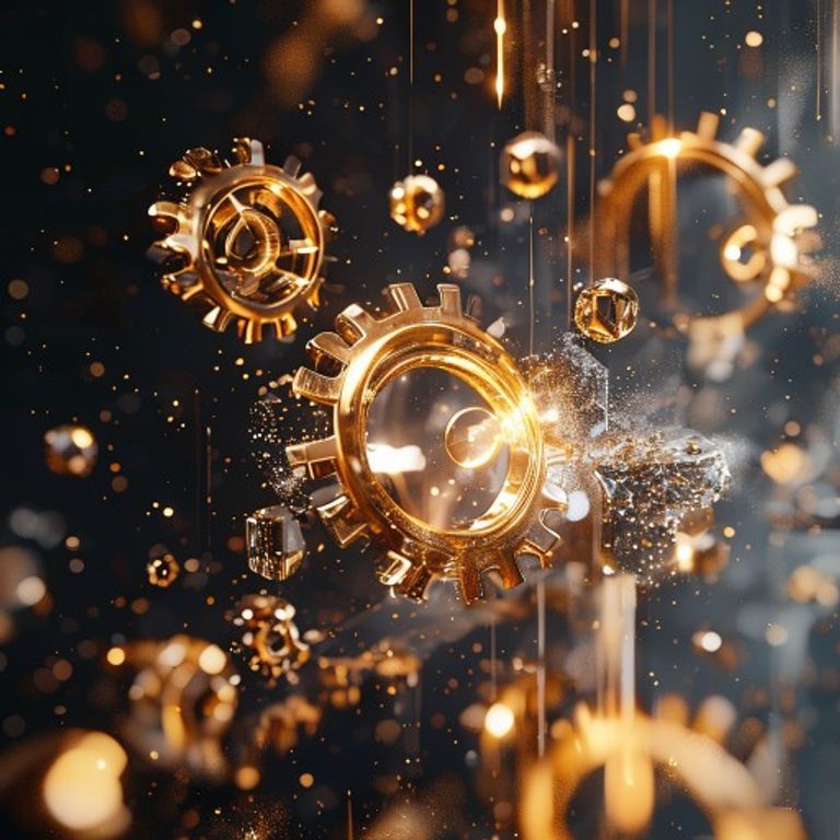 황금색과 어두운 유리 소재의 정교한 톱니바퀴들이 맞물려 돌아가는 미니멀한 3D 일러스트레이션.