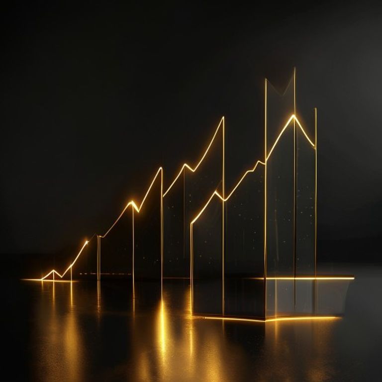 어두운 배경에 황금색과 유리 질감의 추상적인 상승 곡선이 교차하는 고급스러운 금융 일러스트레이션.