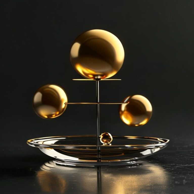 투명한 유리 판 위에 황금색 구체들이 위태롭게 균형을 잡고 있는 미니멀한 3D 디자인으로 투자 리스크를 상징함.